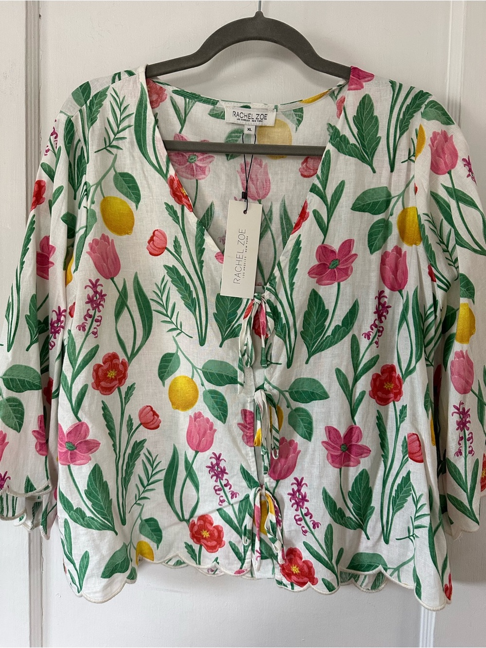 Rachel Zoe White Floral Tie-Front Blouse with Pink, Yellow & Green Print